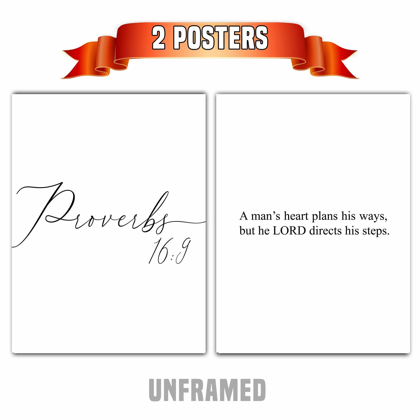 Proverbs 16:9, The Lord Directs His Steps, Bible Verse Quote, Set of 2 Poster Prints, Home Wall Art Décor, Multiple Sizes