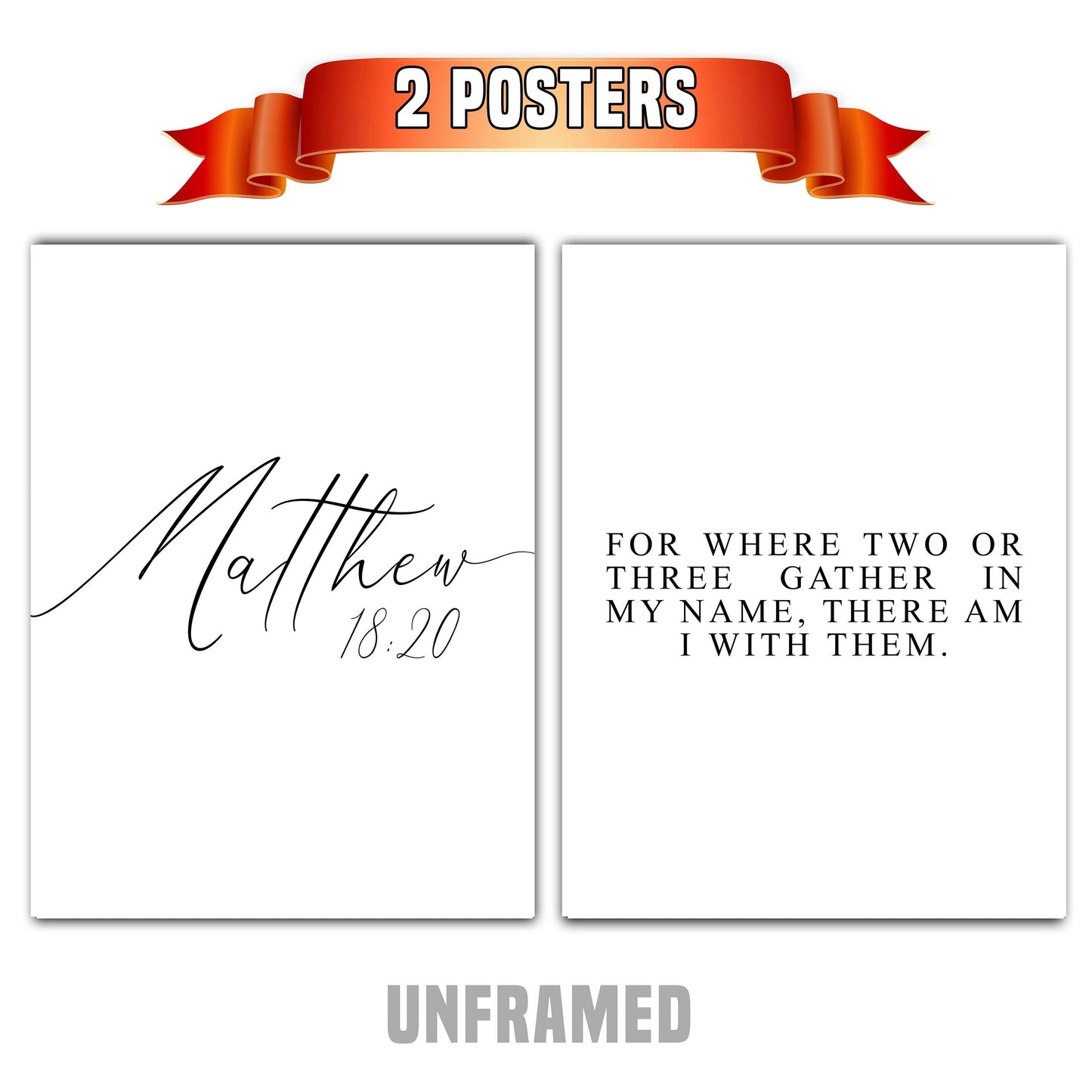 Matthew 18:20, Bible Verse, Set of 2 Poster Prints, Multiple Sizes, Home Wall Art Decor