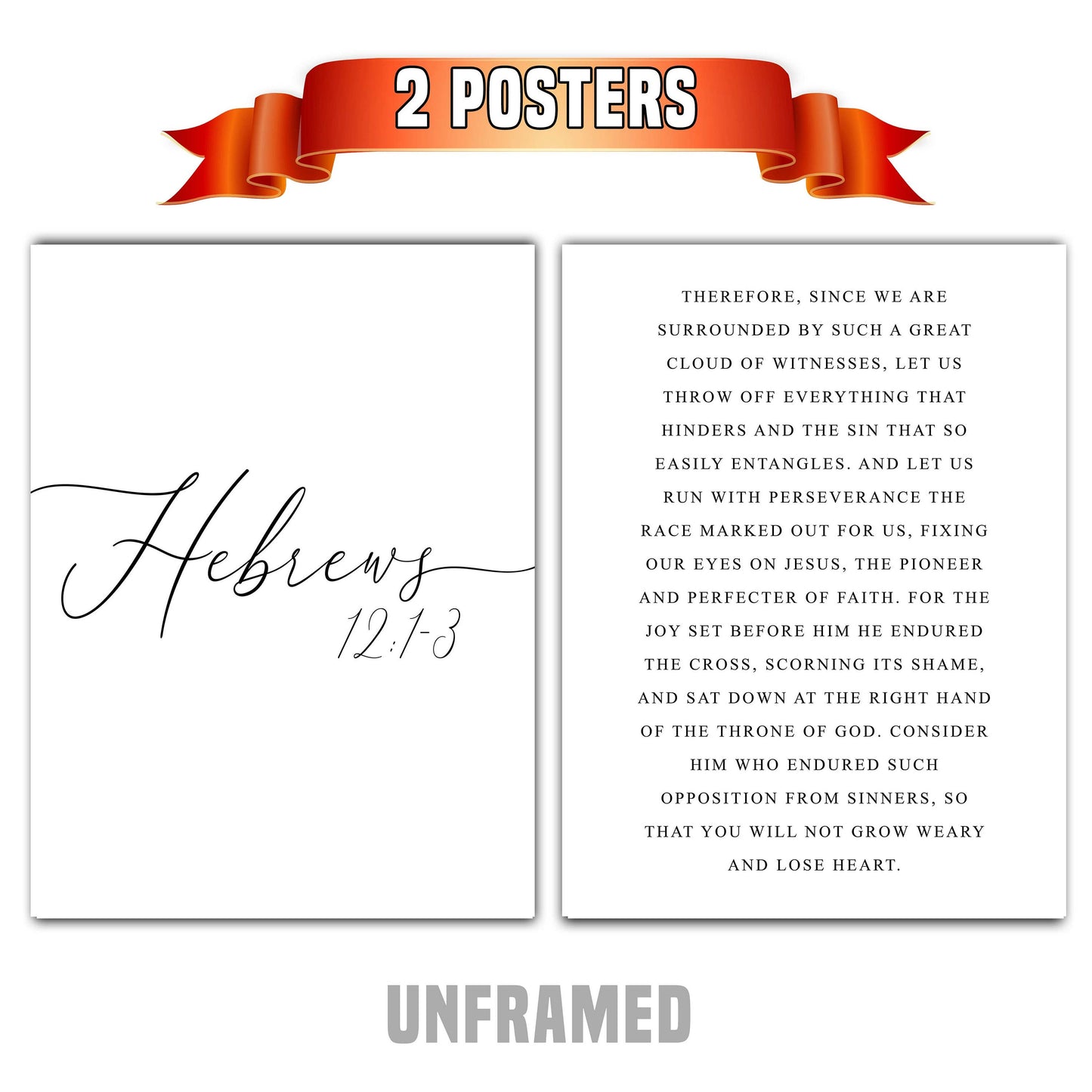 Hebrews 12, Bible Verse, Set of 2 Poster Prints, Multiple Sizes, Home Wall Art Decor