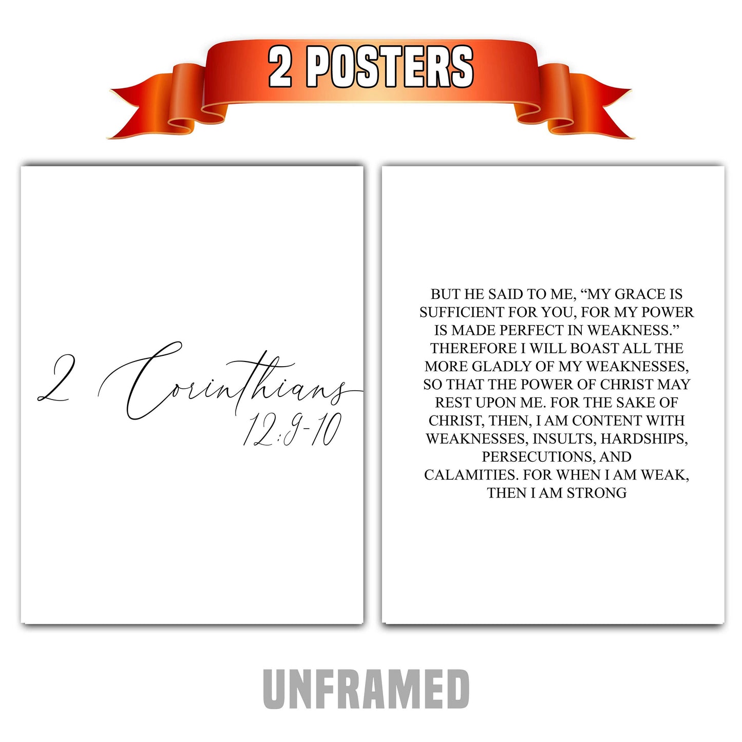 2 Corinthians 12:9-10, Bible Verse, Set of 2 Poster Prints, Multiple Sizes, Home Wall Art Decor