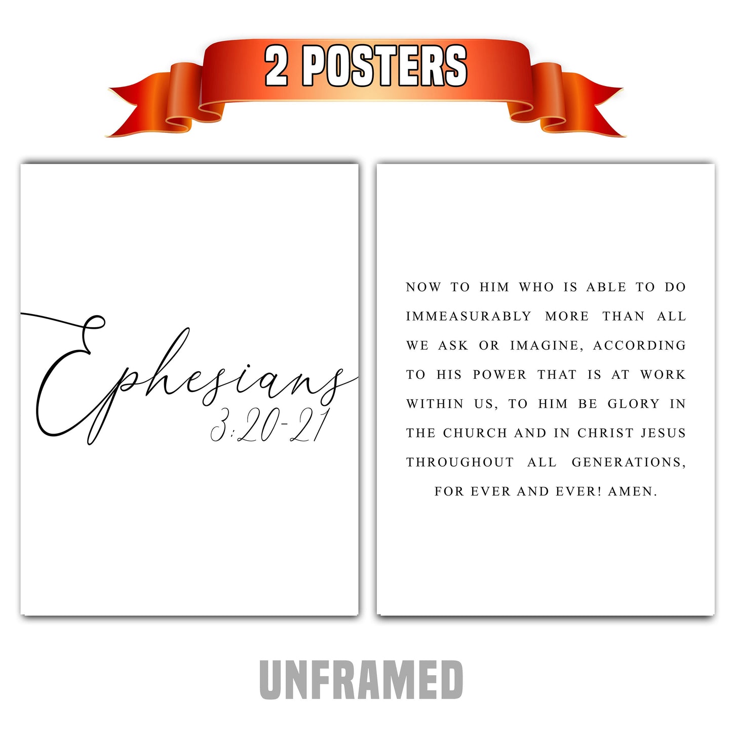Ephesians 3:20-21, Bible Verse, Set of 2 Poster Prints, Multiple Sizes, Home Wall Art Decor