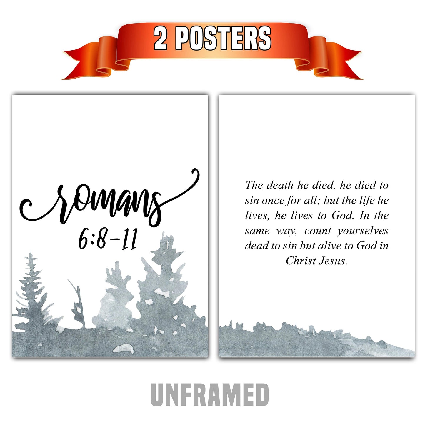 Romans 6:8-11, Bible Verse Quote, Set of 2 Poster Prints, Home Wall Art Décor, Multiple Sizes