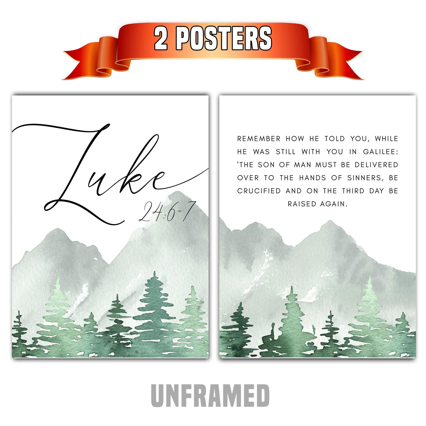 Luke 24:6-7, Bible Verse, Set of 2 Prints, Multiple Sizes, Home Wall Art Decor, Easter Quote