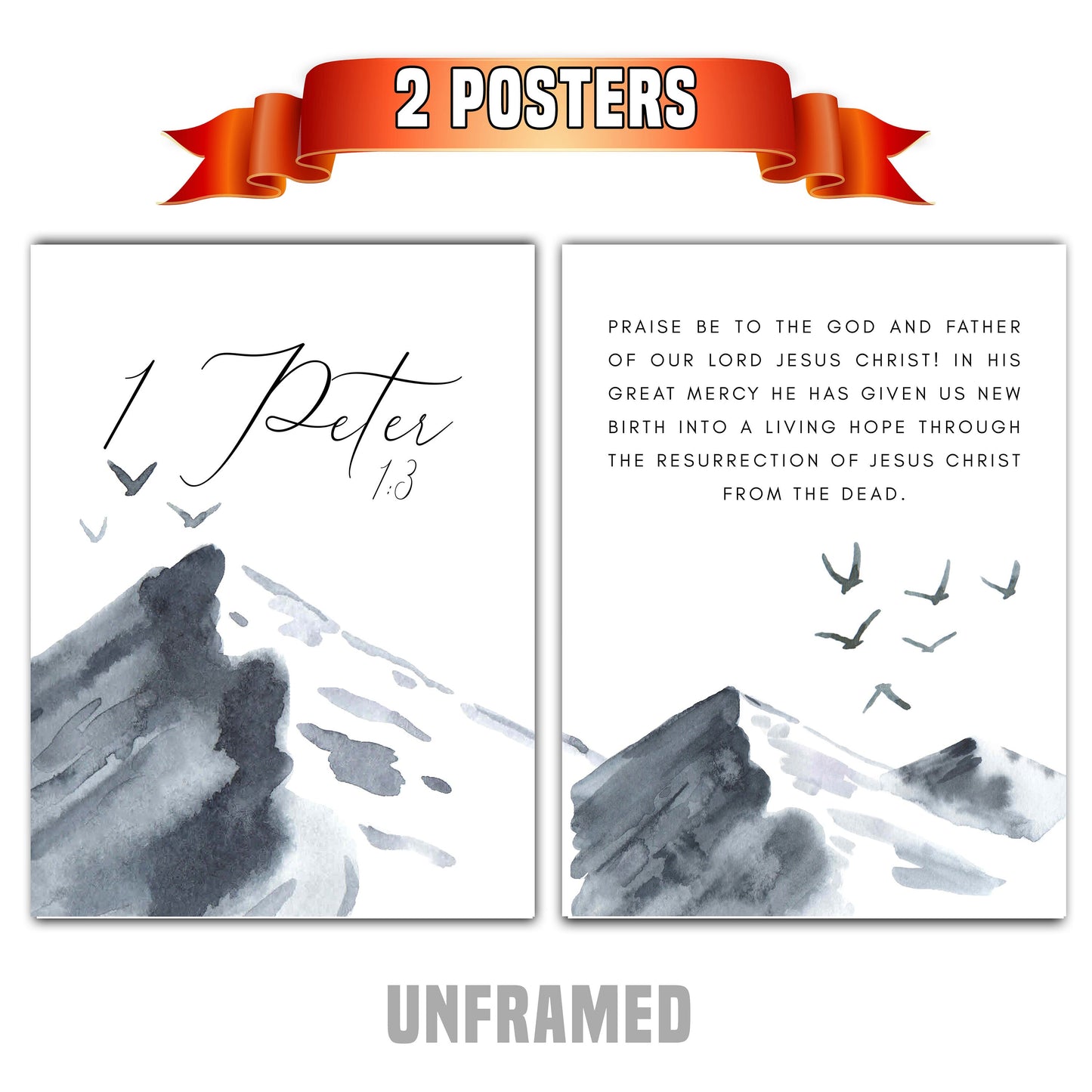 1 Peter 1:3, Bible Verse, Set of 2 Prints, Multiple Sizes, Home Wall Art Decor, Bible Quote