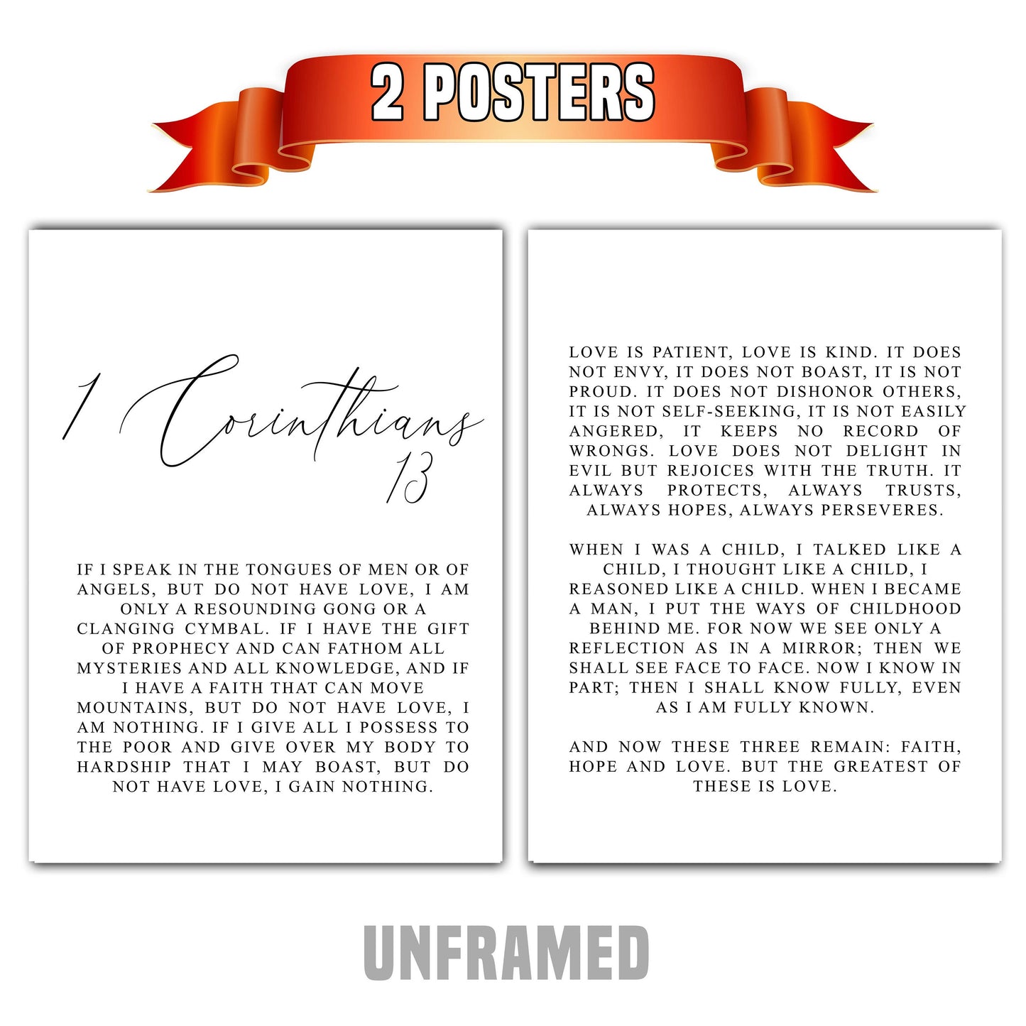 1 Corinthians 13, Bible Verse, Wall Poster, Set of 2 Prints, Multiple Sizes, Home Wall Art Decor