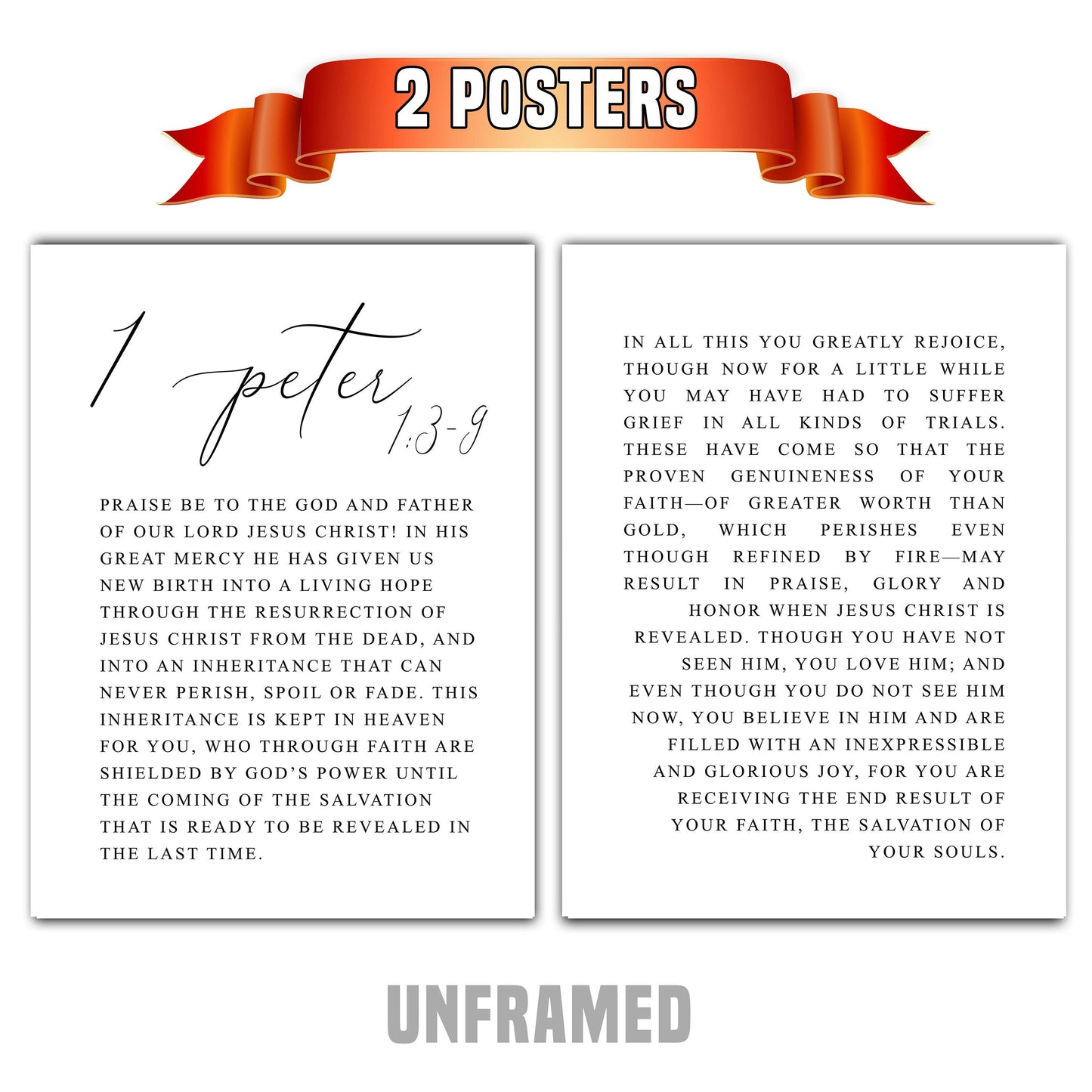 1 Peter 1:3-9, Bible Verse, Set of 2 Prints, Multiple Sizes, Home Wall Art Decor, Bible Quote