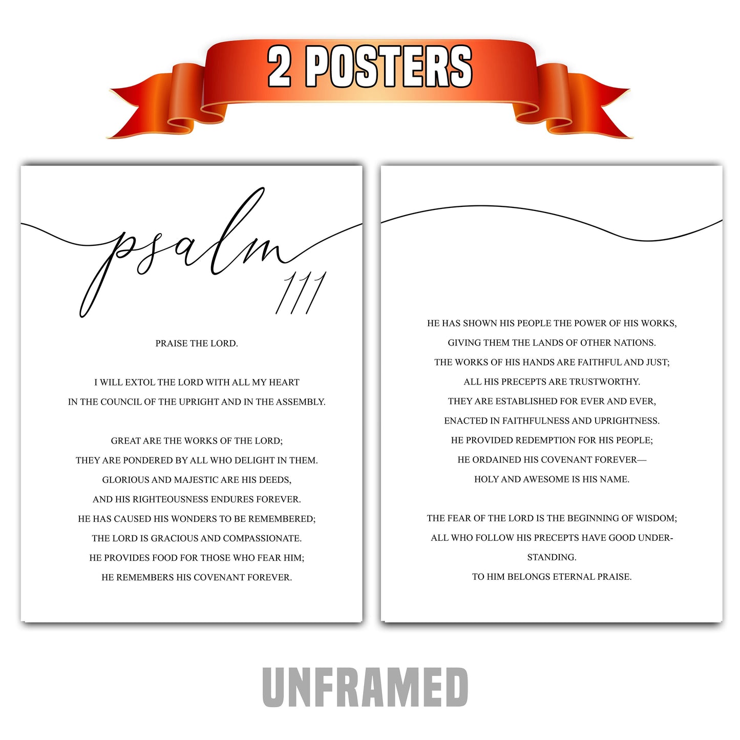 Psalm 111, Bible Verse, Set of 2 Prints, Multiple Sizes, Home Wall Art Decor, Bible Quote