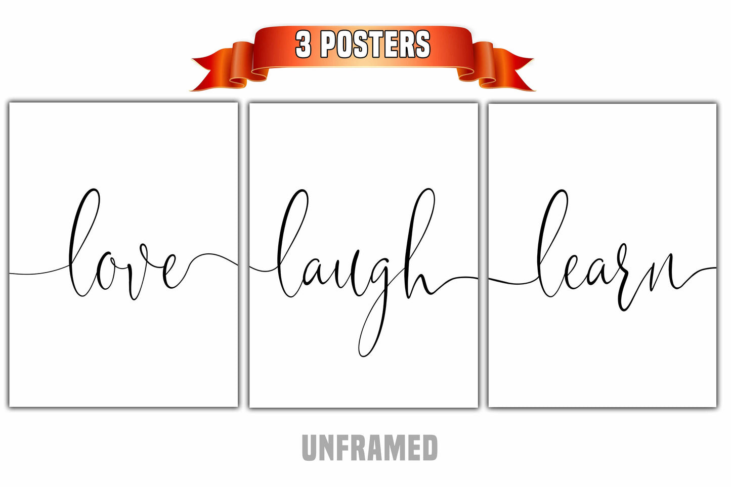 Love Laugh Learn, Set of 3 Prints, Home Wall Décor Art, Typography, Multiple Sizes