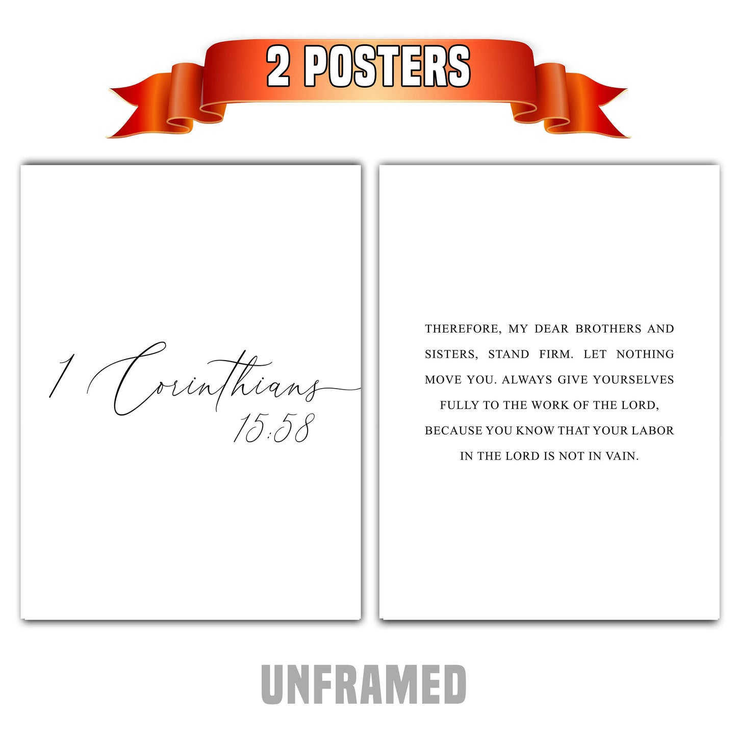 1 Corinthians 15:58 NIV, Set of 2 Poster Prints, Bible Verse Quotes, Multiple Sizes, Home Wall Art Decor