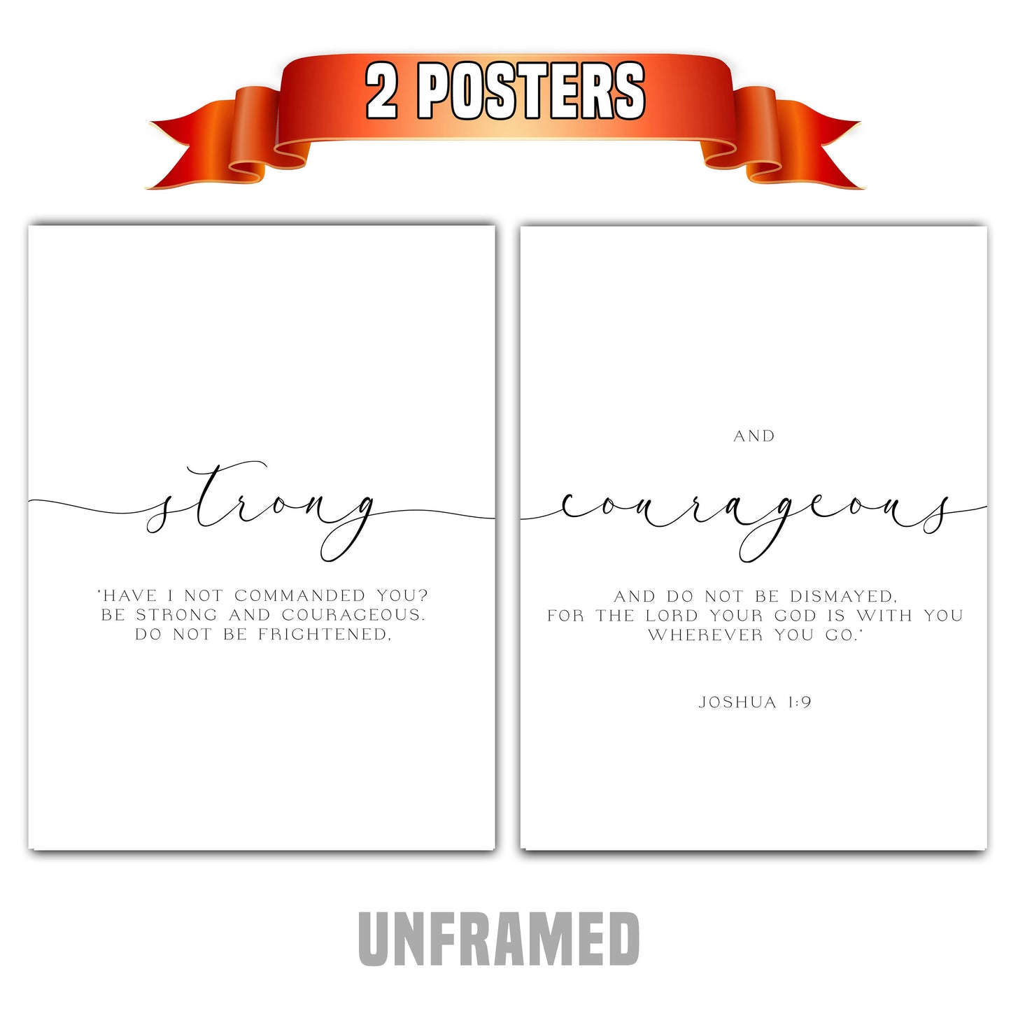 Joshua 1:9, Strong and Courageous, Bible Verse Quote, Set of 2 Poster Prints, Home Wall Art Décor, Minimalist Prints, Multiple Sizes