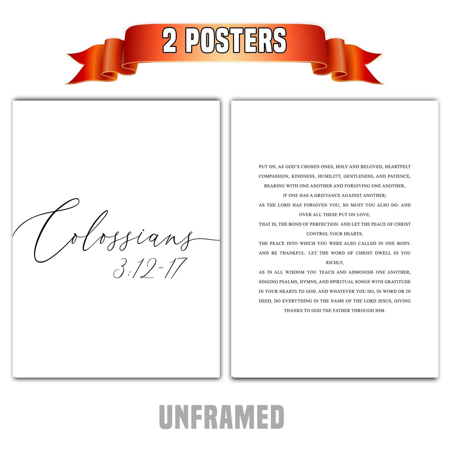 Colossians 3:12-17, Set of 2 Poster Prints, Bible Verse Quotes, Home Wall Art Decor