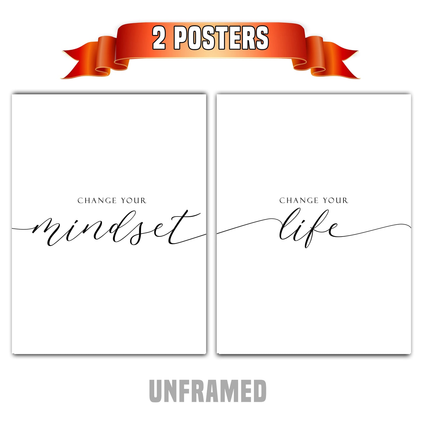 Change Your Mindset, Set of 2 Poster Prints, Home Wall Art Decor, Motivational Poster, Multiple Sizes