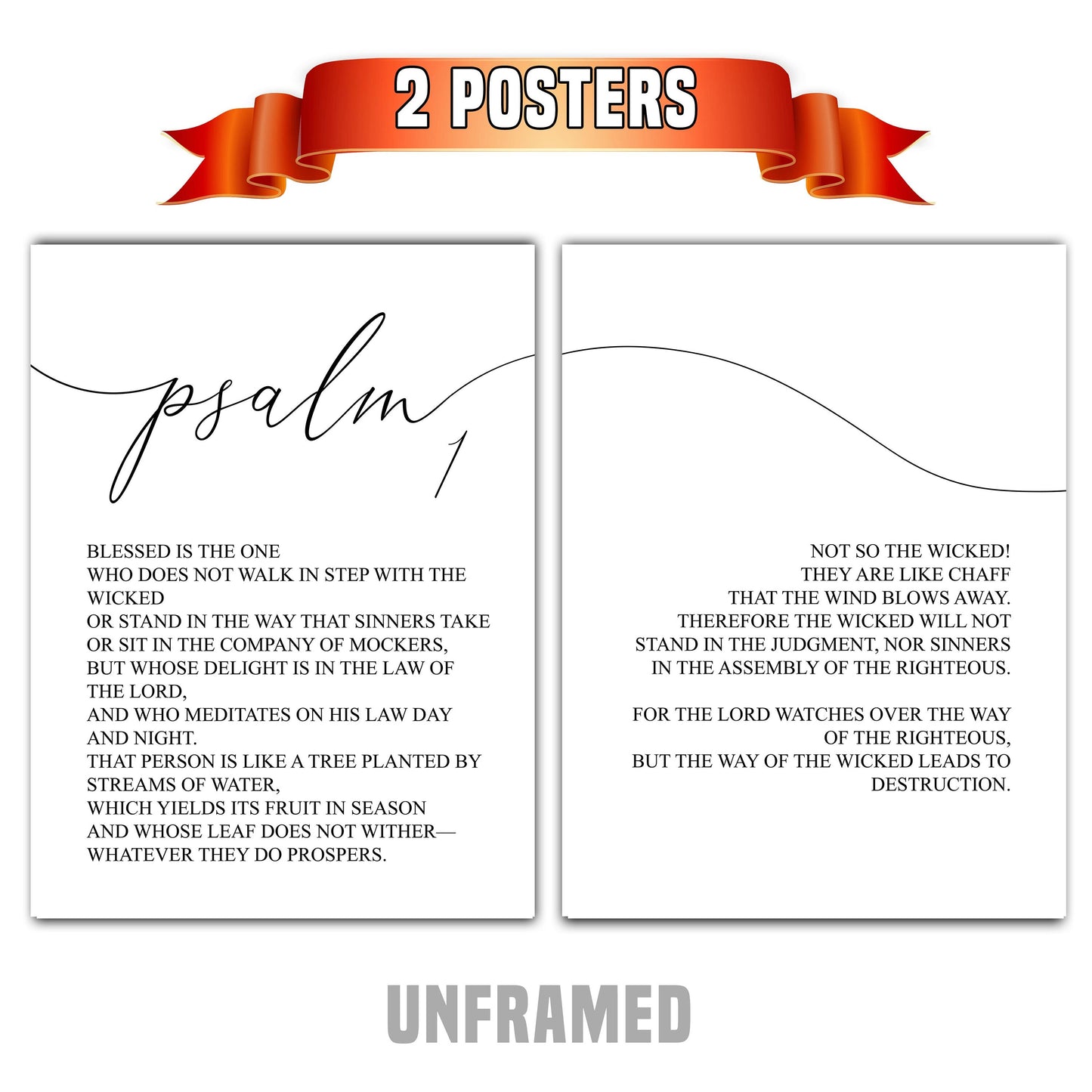 Psalm 1, Bible Verse, Home Wall Art Decor, Set of 2 Poster Prints, Multiple Sizes