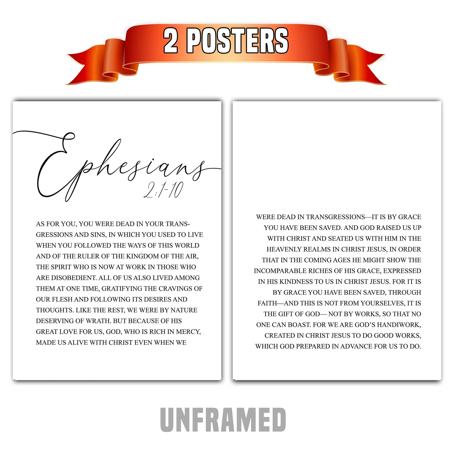 Ephesians 2:1-10, Set of 2 Poster Prints, Bible Verse Quotes, Multiple Sizes, Home Wall Art Decor