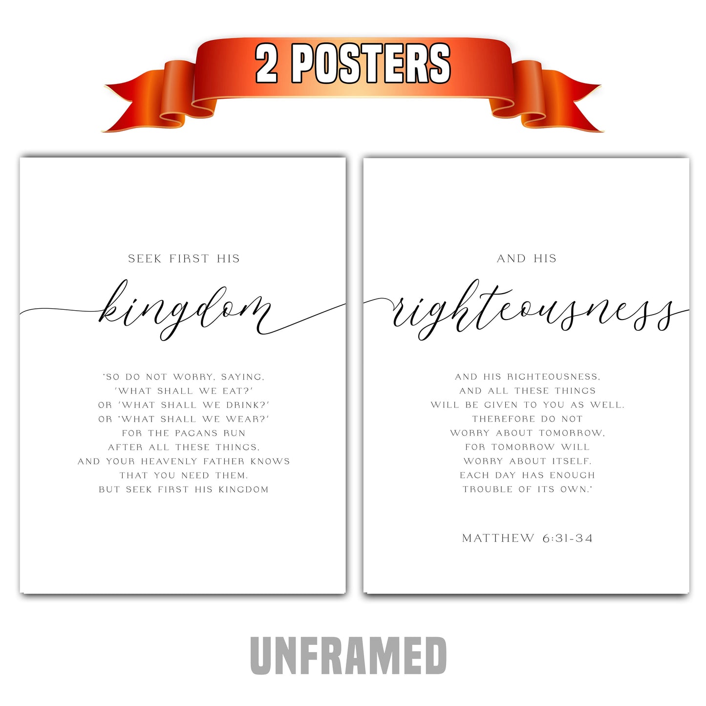 Matthew 6:31-34, Set of 2 Poster Prints, Bible Verse Quotes, Multiple Sizes, Home Wall Art Decor