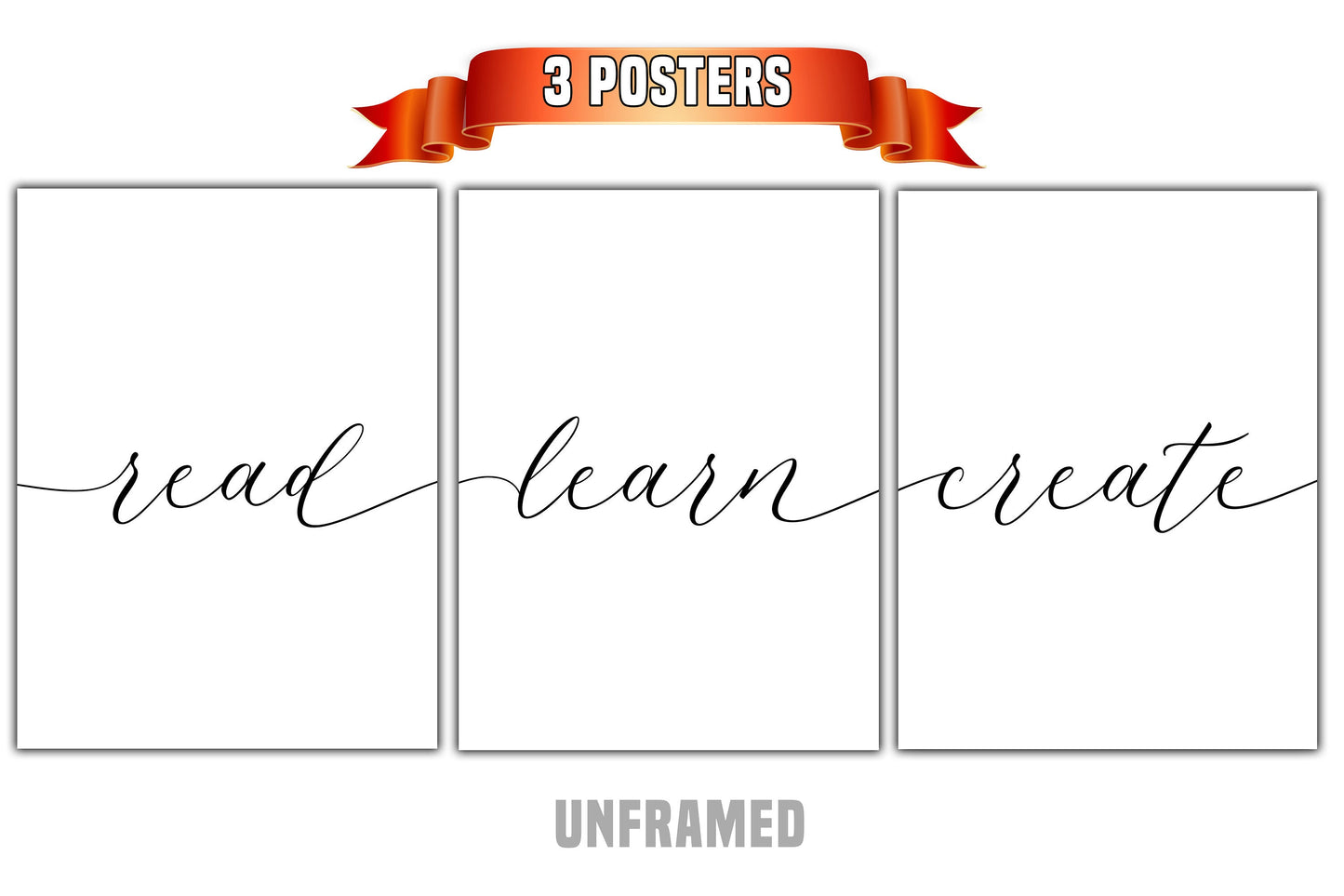 Read Learn Create, Set of 3 Poster Prints, Home Wall Decor, Wall Art, Typography, Multiple Sizes