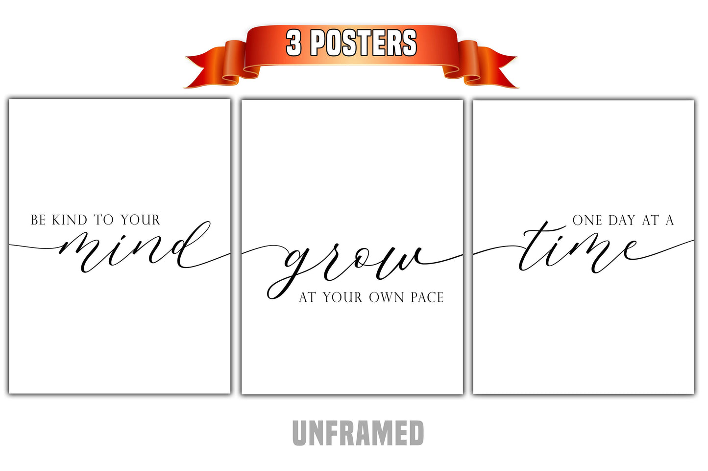 Be Kind To Your Mind, Set of 3 Poster Prints, Home Wall Decor, Motivational Quote, Wall Art, Typography, Multiple Sizes