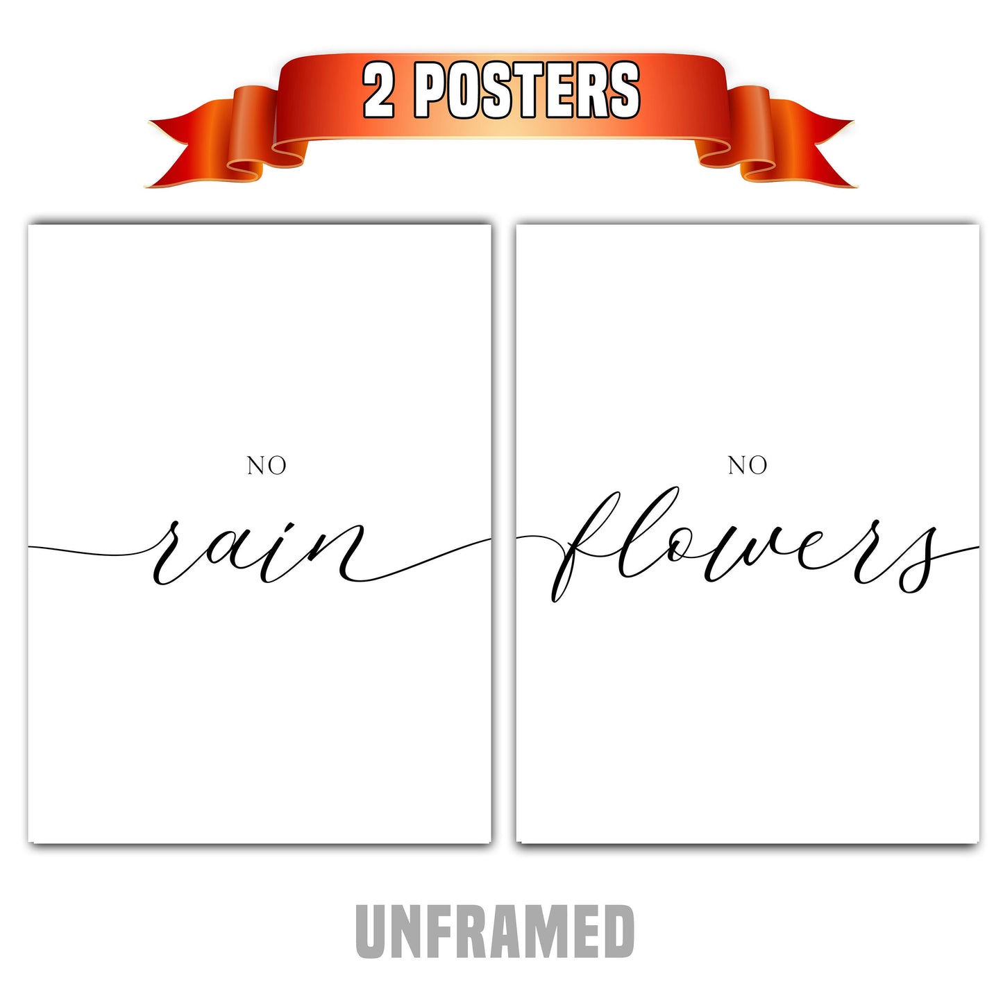 No Rain No Flowers, Set of 2 Poster Prints, Home Wall Décor, Motivational/Inspirational Quote, Multiple Sizes