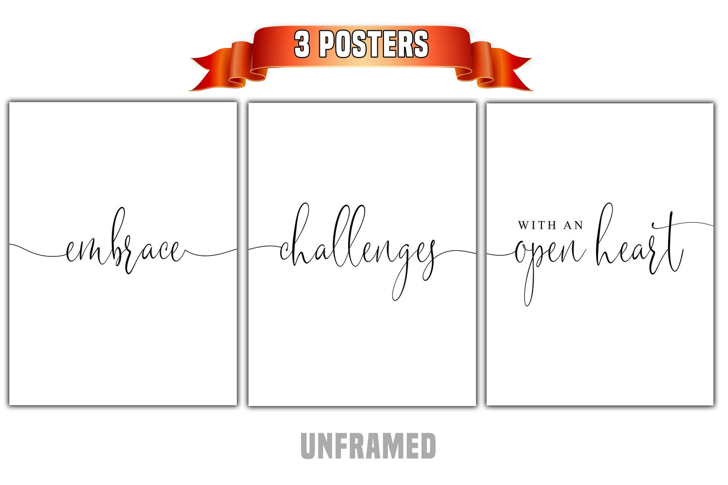 Embrace Challenges With An Open Heart, Set of 3 Poster Prints, Home Wall Decor, Wall Art, Typography, Multiple Sizes