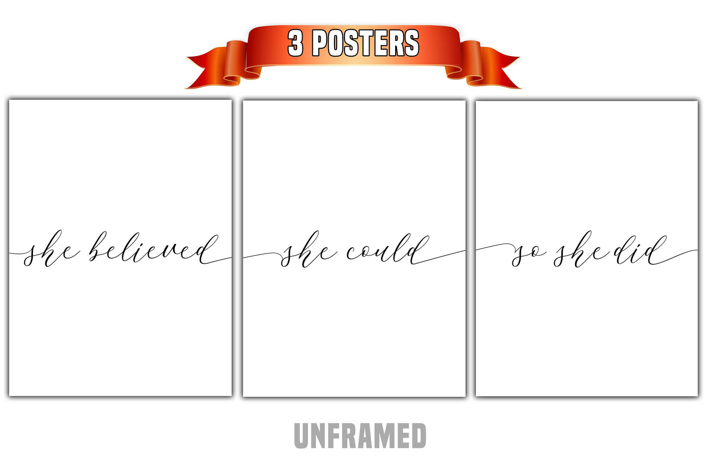 She Believed, Set of 3 Poster Prints, Home Wall Decor, Wall Art, Typography, Multiple Sizes