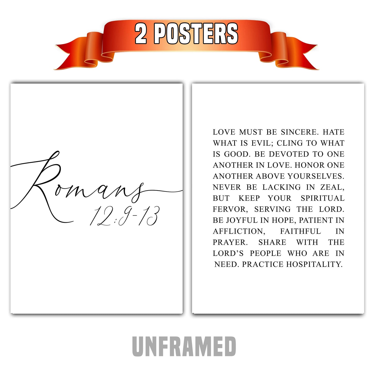 Romans 12:9-13, Bible Verse Quote, Set of 2 Poster Prints, Home Wall Art Décor, Multiple Sizes