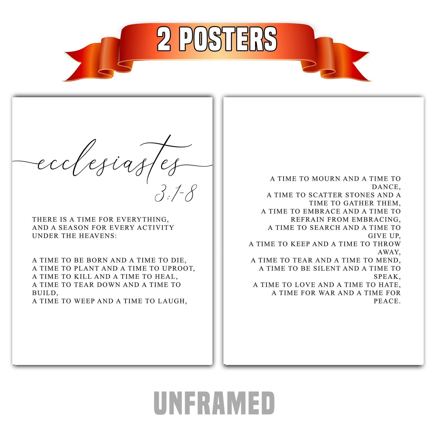 Ecclesiastes 3:1-8, Bible Verse Quotes, Set of 2 Poster Prints, Multiple Sizes, Home Wall Art Decor