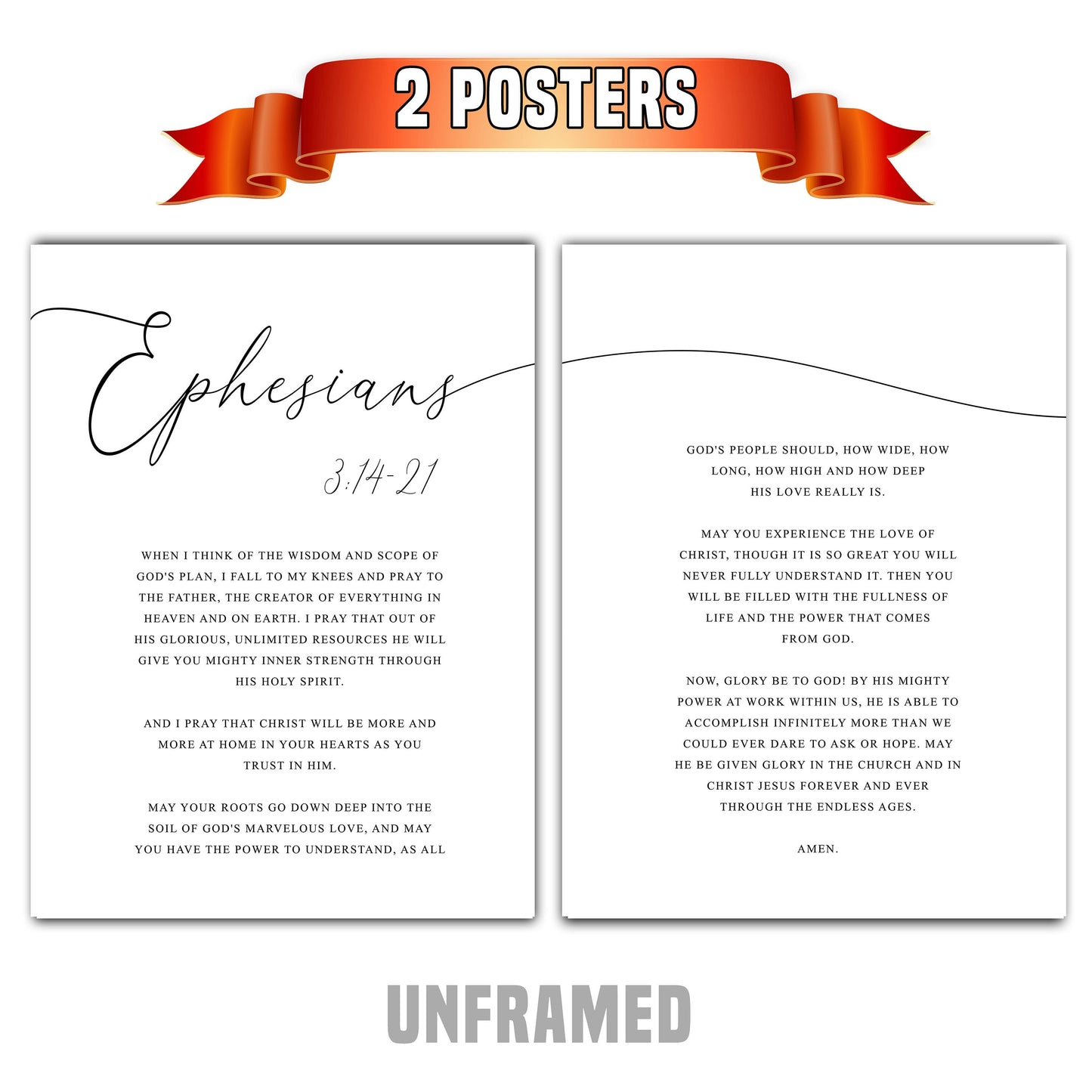 Ephesians 3:14-21, Bible Verse Quotes, Set of 2 Poster Prints, Multiple Sizes, Home Wall Art Decor