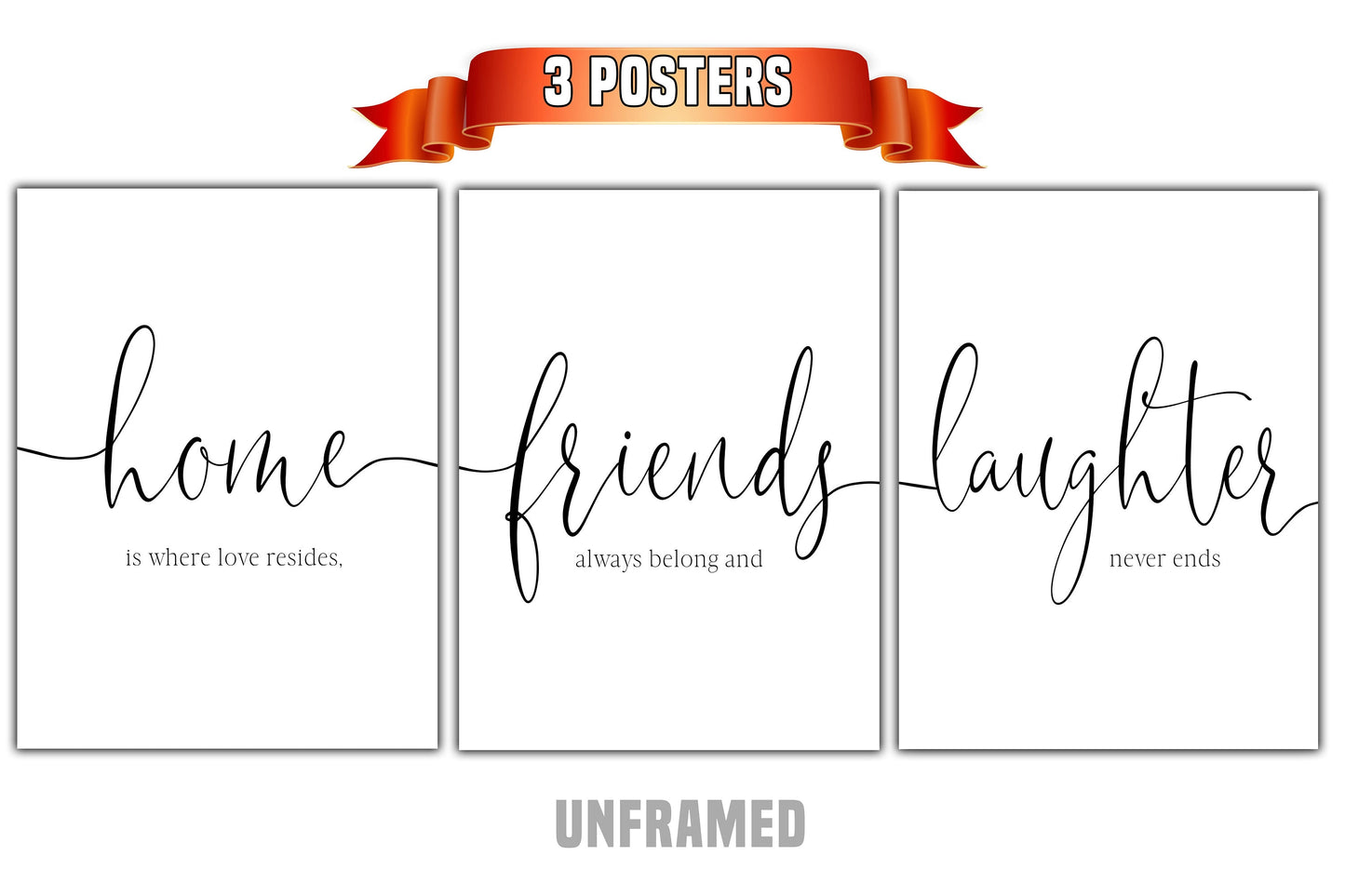 Home Friends Laughter, Set of 3 Poster Prints, Motivational Quote, Home Wall Décor, Minimalist Art, Multiple Sizes