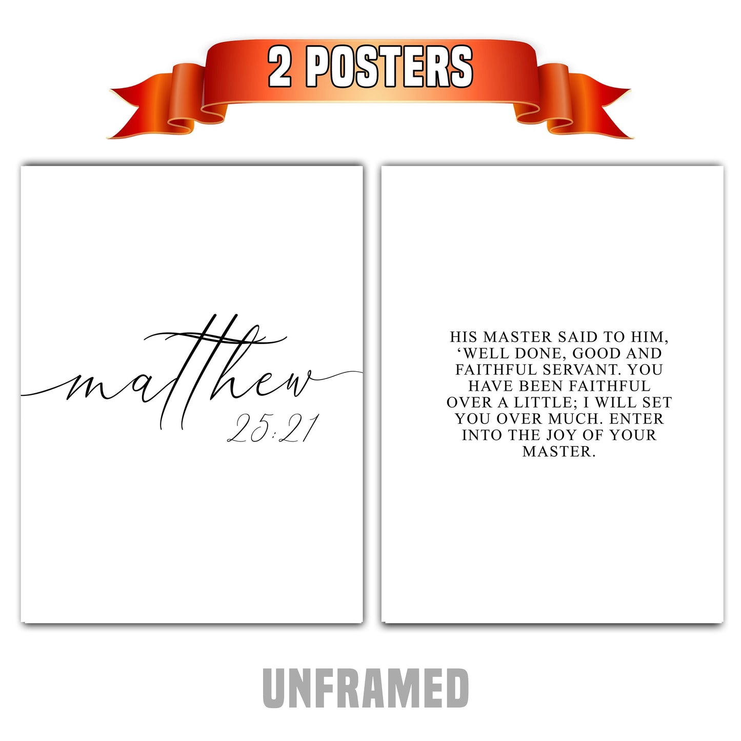 Matthew 25:21, Bible Verse Quotes, Set of 2 Poster Prints, Multiple Sizes, Home Wall Art Decor