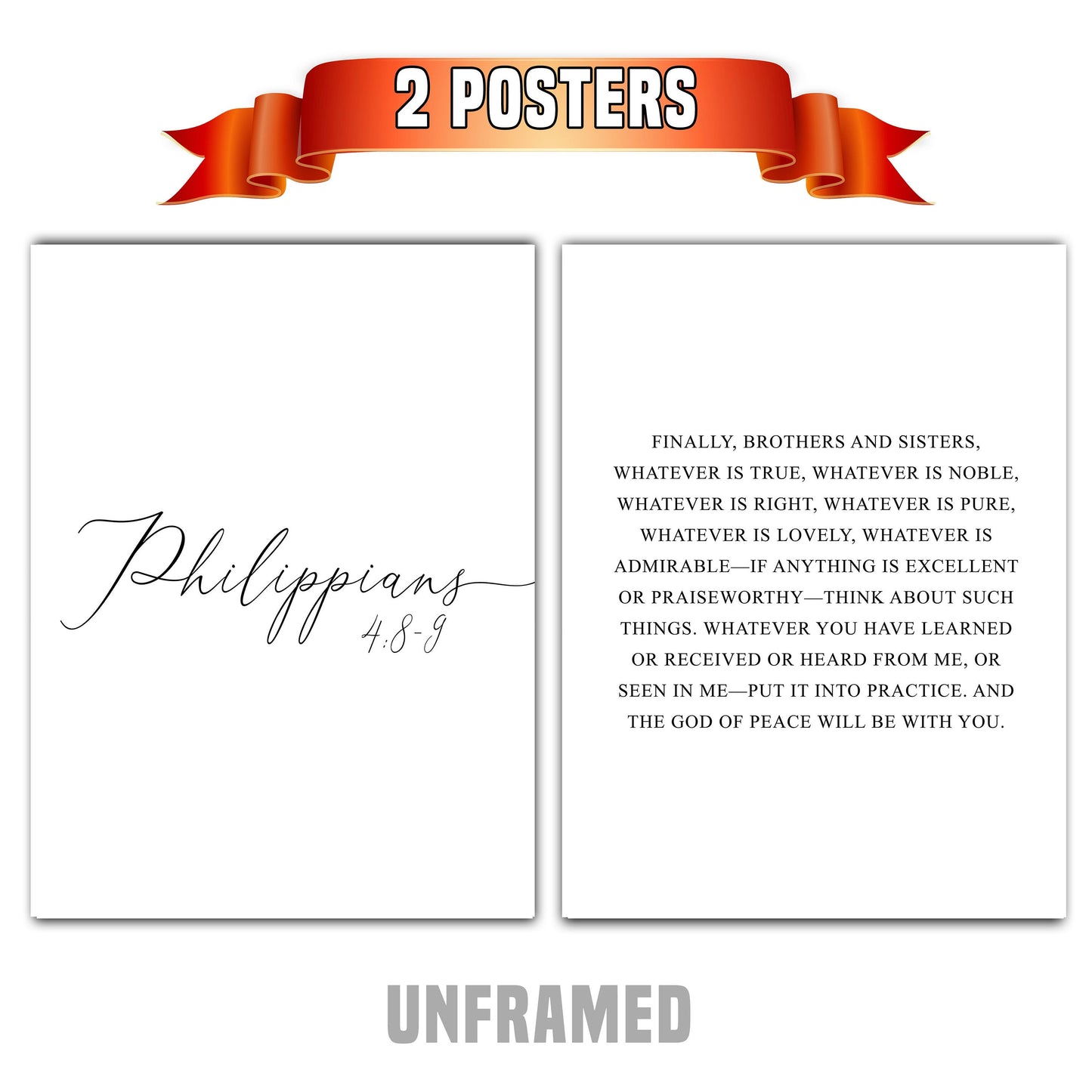 Philippians 4:8-9, Bible Verse Quote, Set of 2 Poster Prints, Home Wall Art Décor, Multiple Sizes