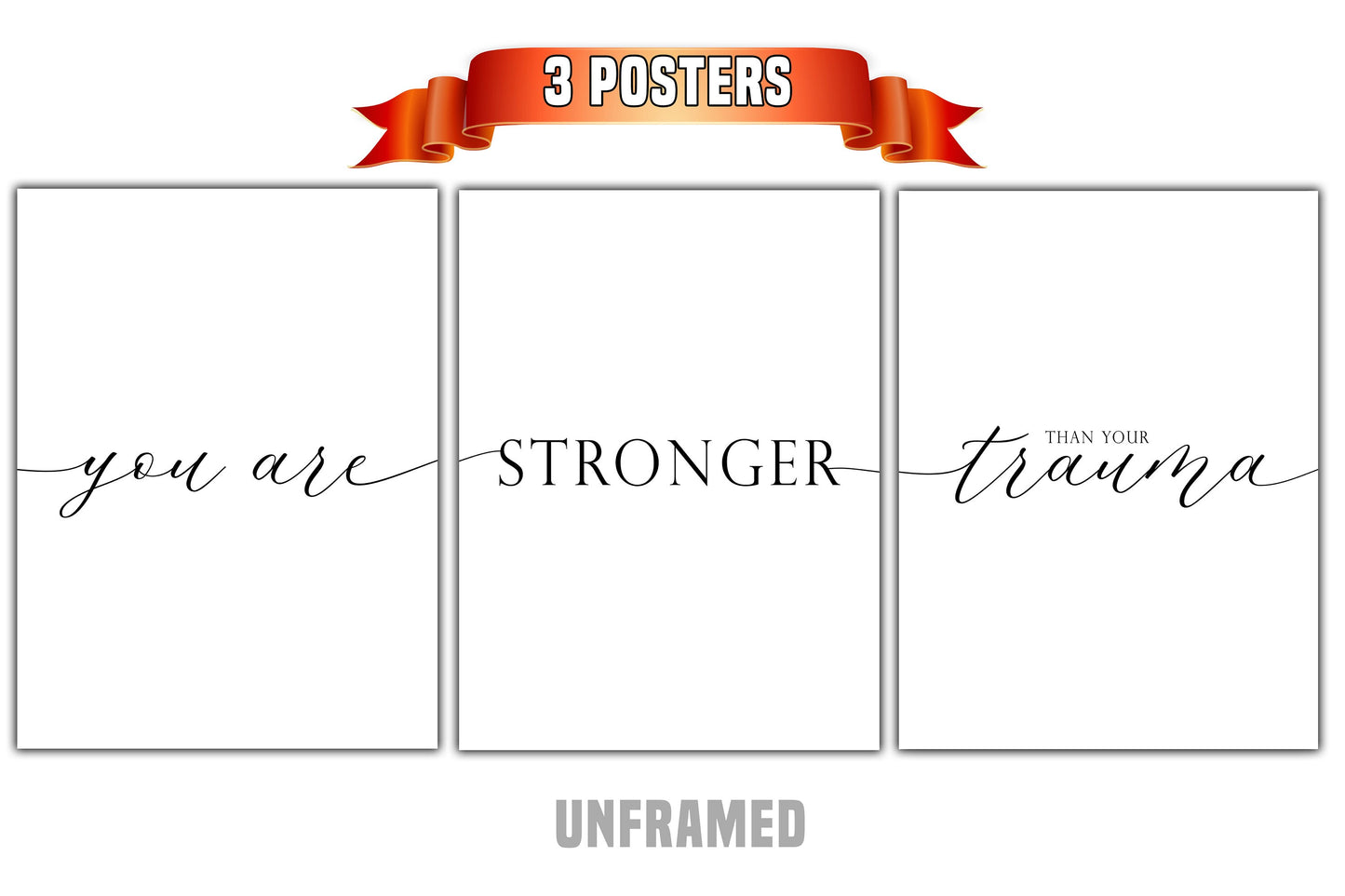 You are Stronger Than Your Trauma, Set of 3 Poster Prints, Motivational Quote, Home Wall Décor, Minimalist Art, Multiple Sizes