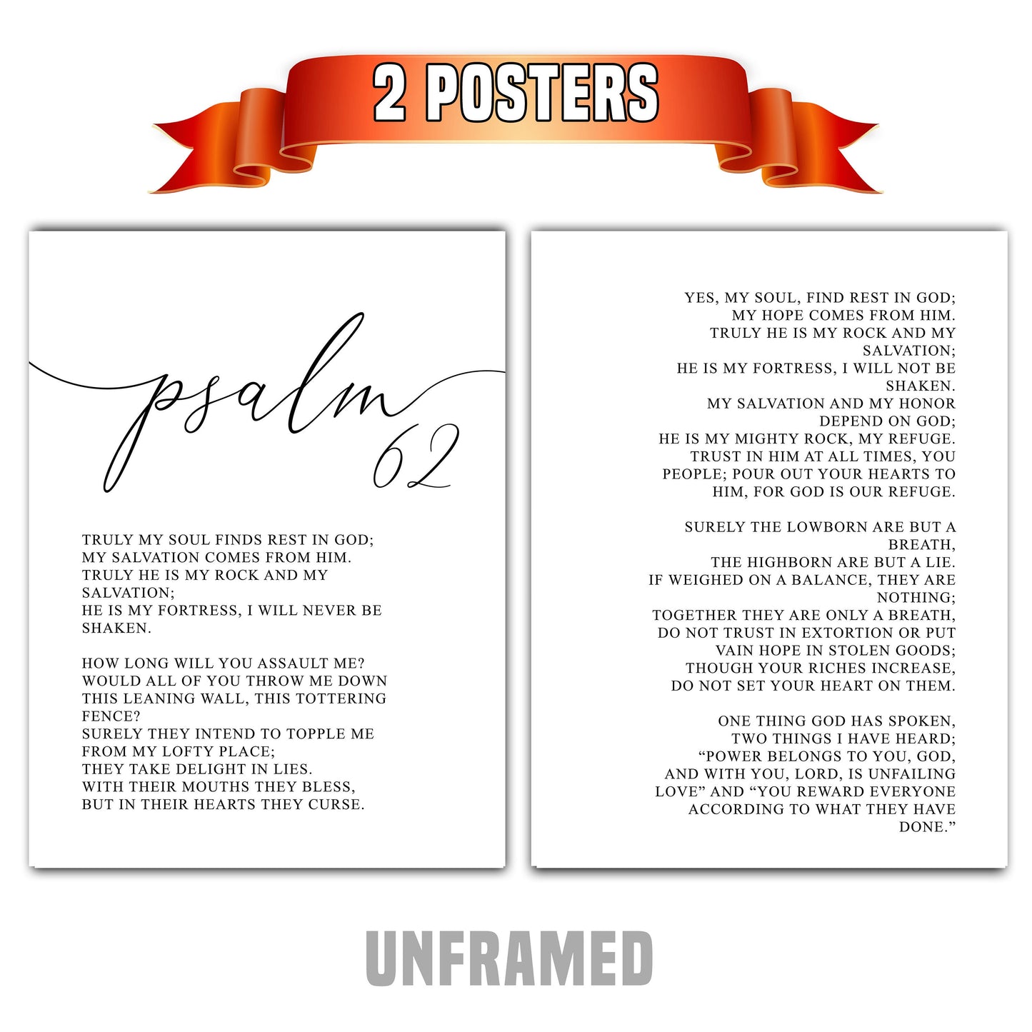 Psalm 62 NIV, Bible Verse Quote, Set of 2 Poster Prints, Home Wall Art Décor, Multiple Sizes