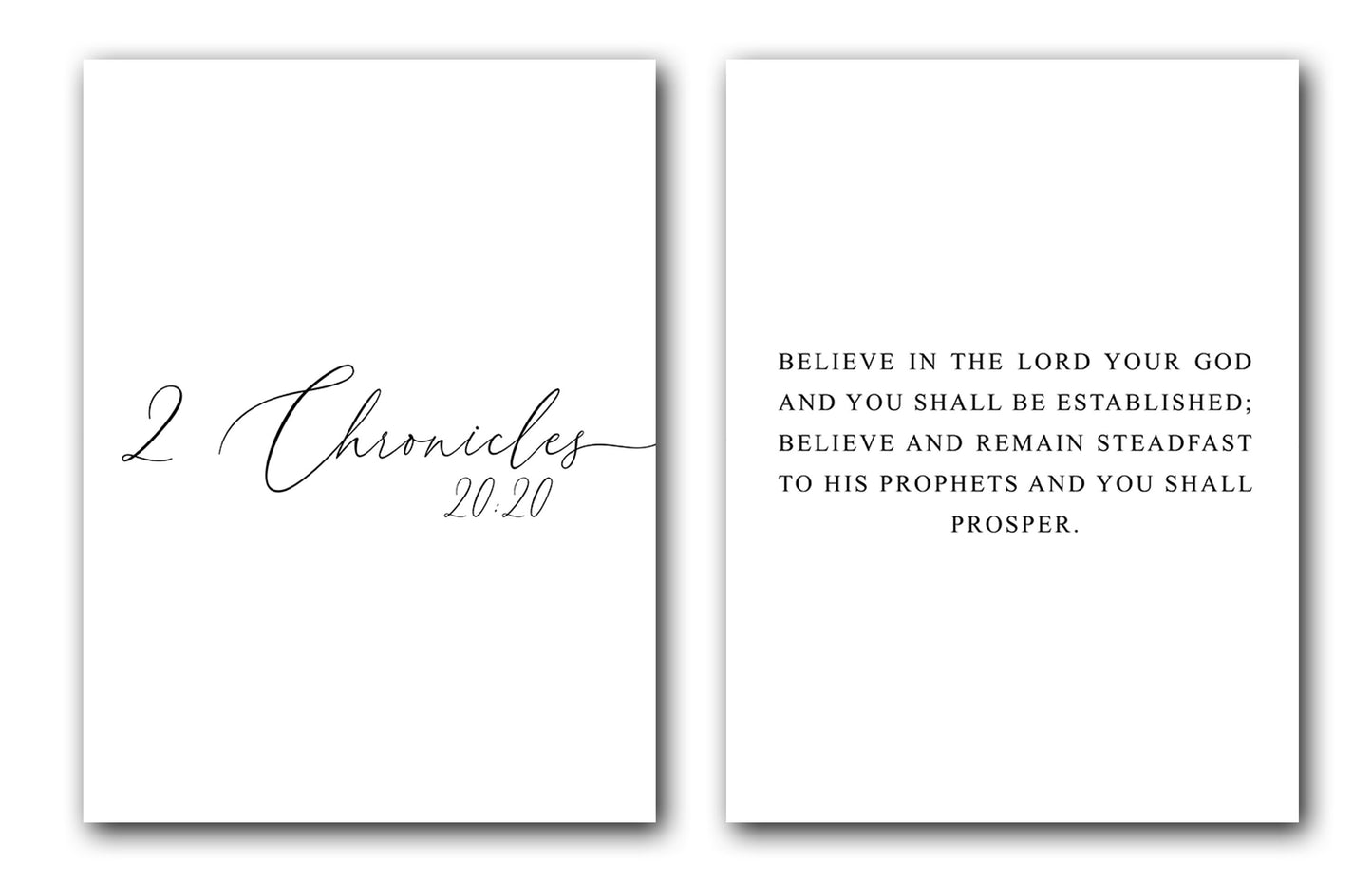 2 Chronicles 20:20, Bible Verse Quote, Set of 2 Poster Prints, Home Wall Art Décor, Multiple Sizes