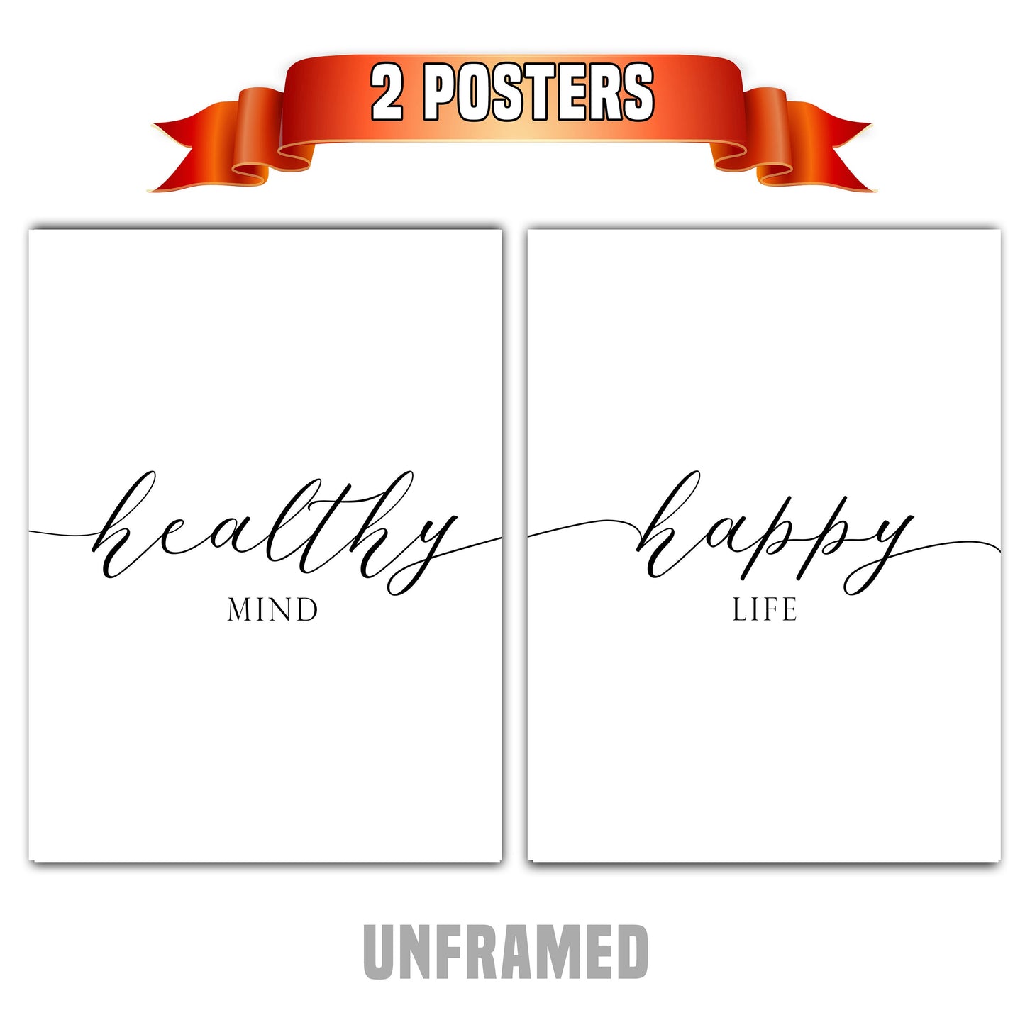 Healthy Mind, Happy Life, Set of 2 Poster Prints, Home Wall Décor, Motivational Quote, Multiple Sizes
