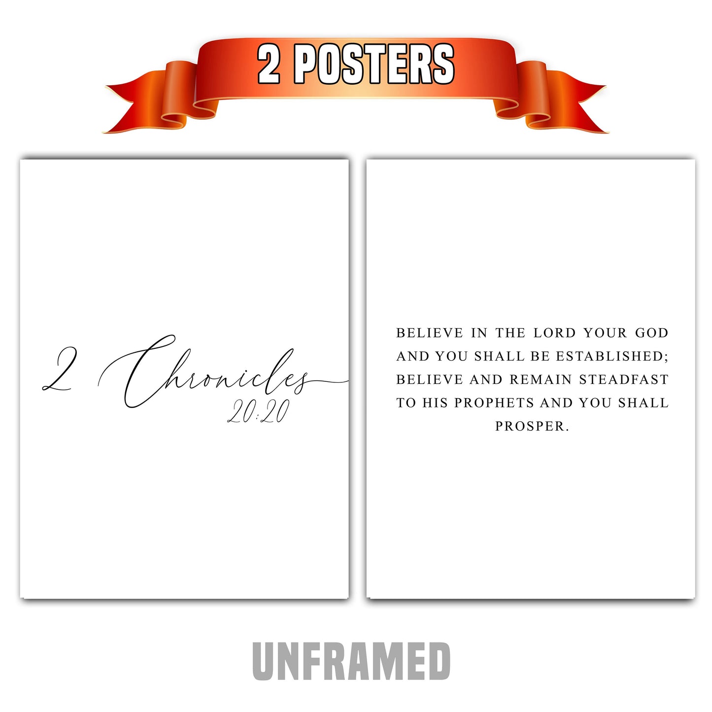 2 Chronicles 20:20, Bible Verse Quote, Set of 2 Poster Prints, Home Wall Art Décor, Multiple Sizes