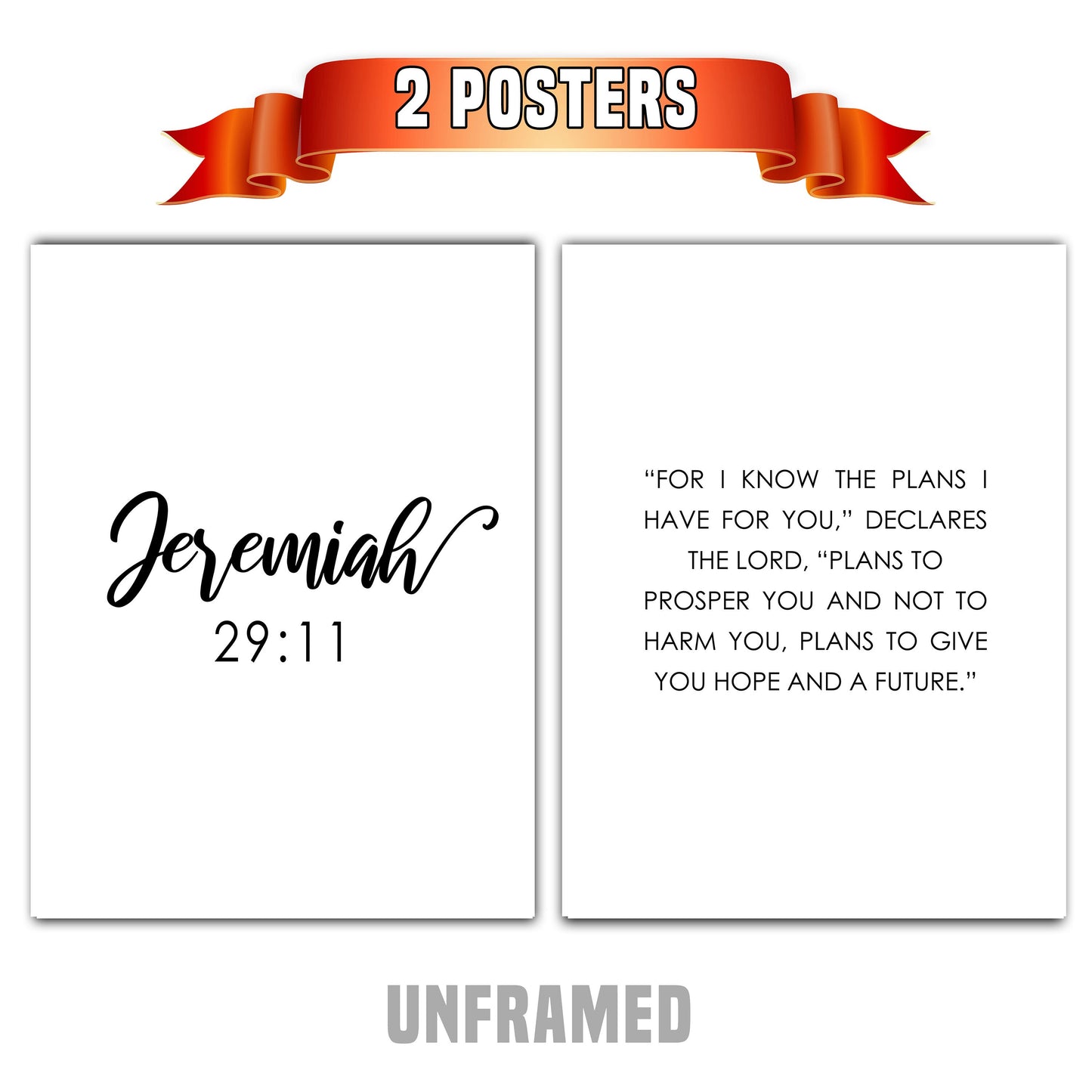 Jeremiah 29:11, Bible Verse Quote, Set of 2 Poster Prints, Home Wall Art Décor, Multiple Sizes
