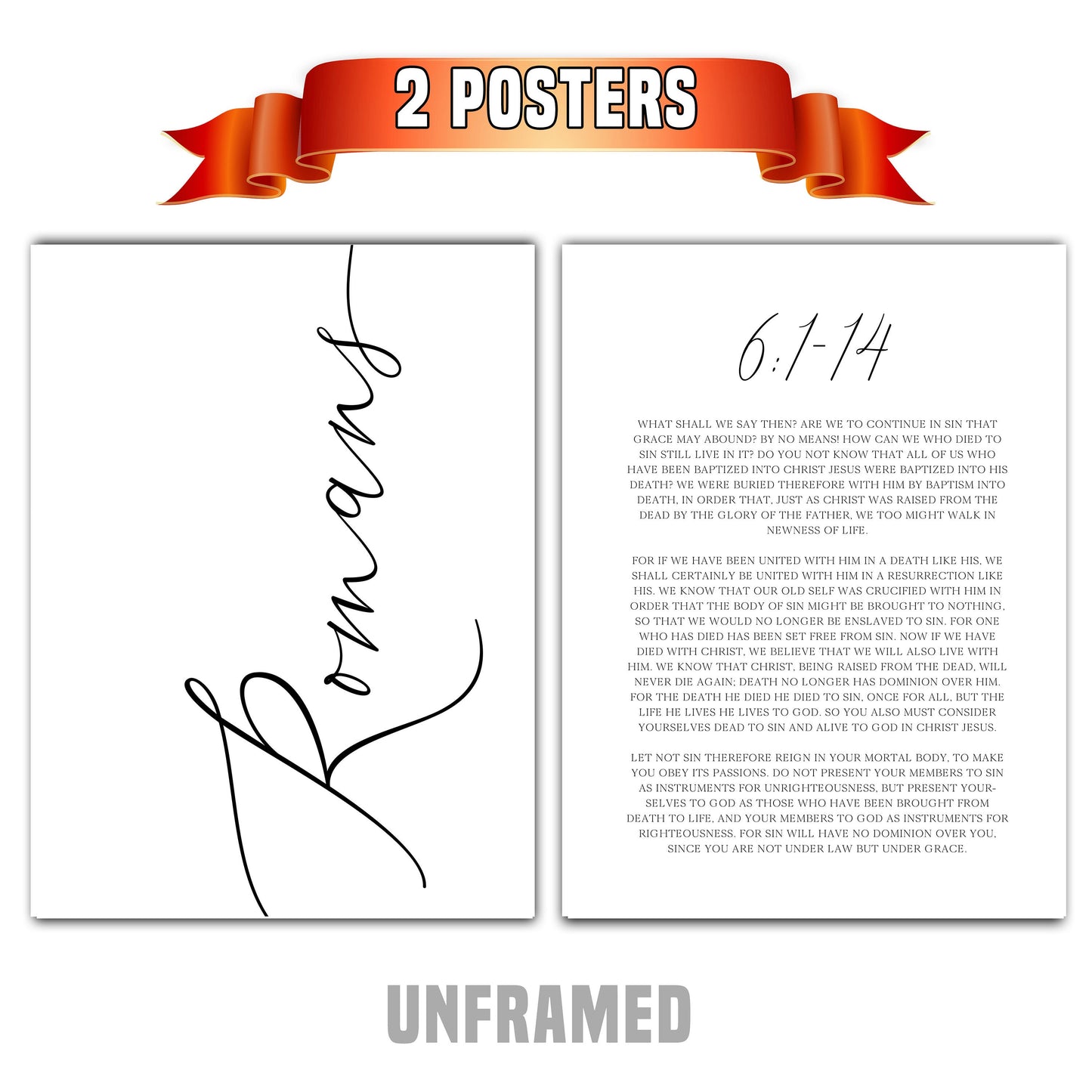 Romans 6:1-14, Bible Verse Quote, Set of 2 Poster Prints, Home Wall Art Décor, Multiple Sizes