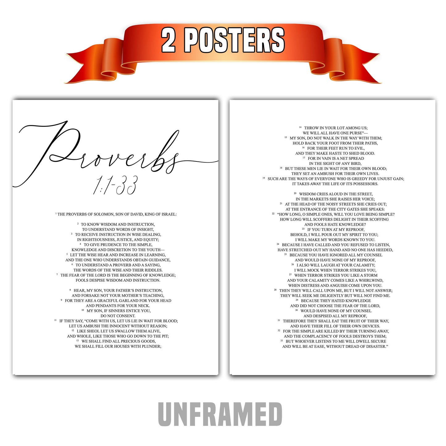 Proverbs 1:1-33, Bible Verse Quote, Set of 2 Poster Prints, Home Wall Art Décor, Minimalist Prints, Multiple Sizes
