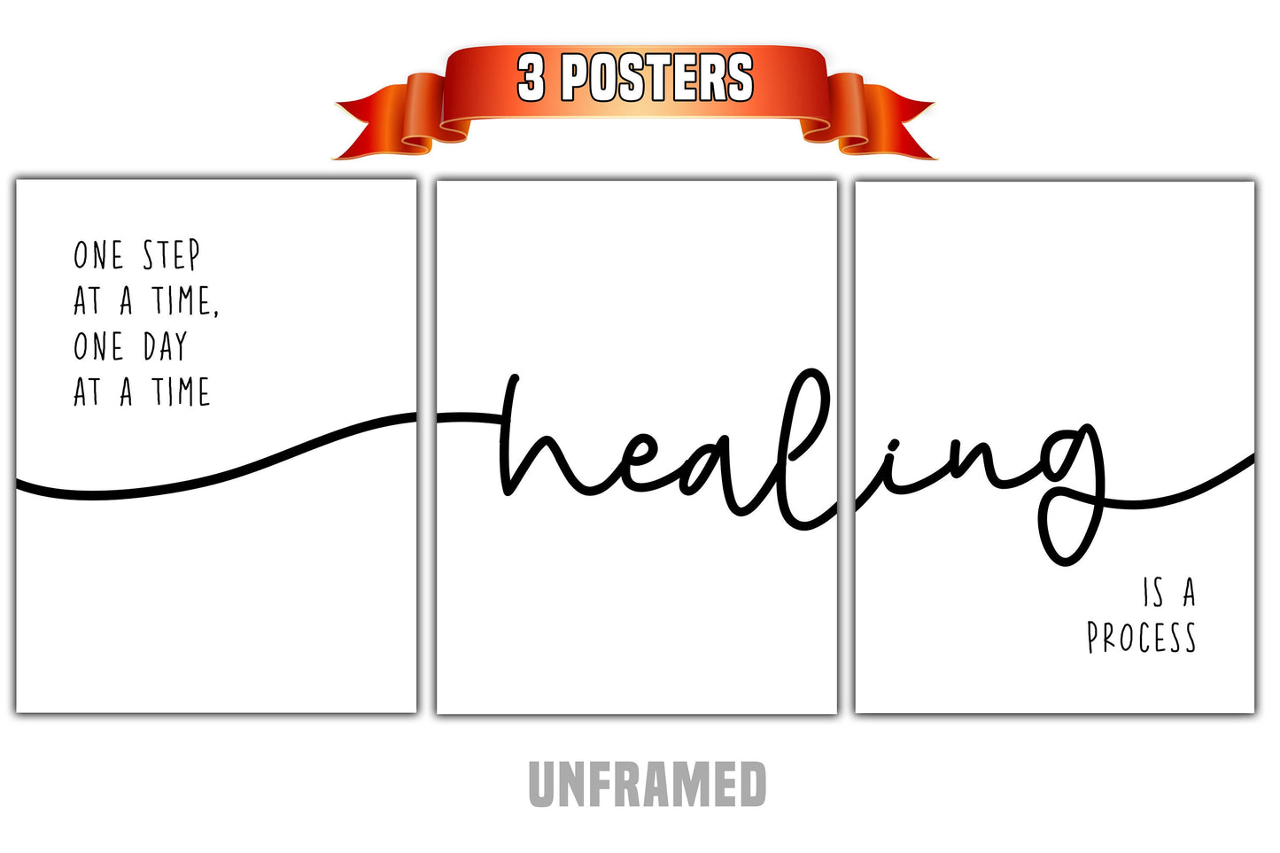 Healing is a Process, Set of 3 Poster Prints, Motivational Quote, Home Wall Décor, Minimalist Art, Multiple Sizes