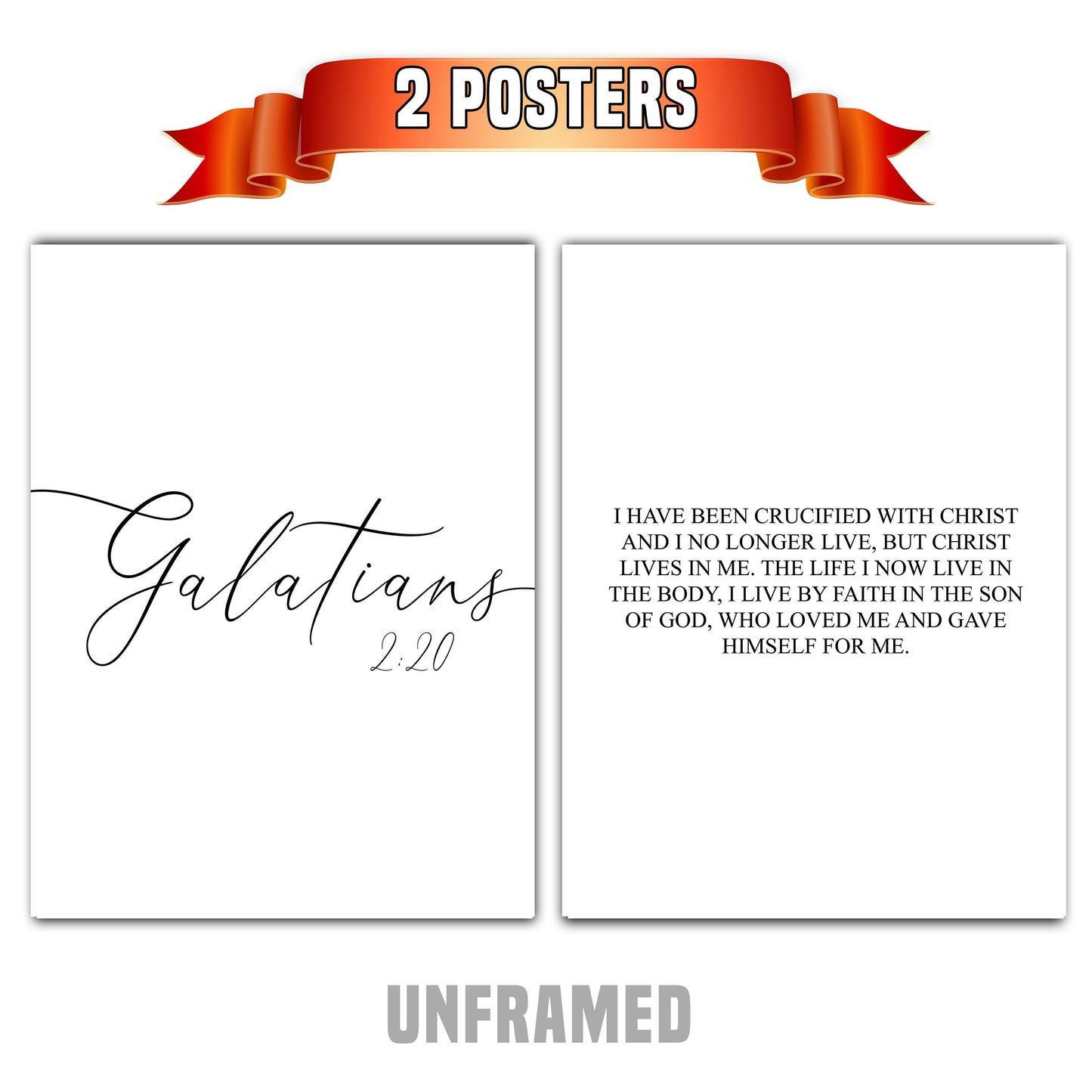 Galatians 2:20, Bible Verse Quote, Set of 2 Poster Prints, Home Wall Art Décor, Minimalist Prints, Multiple Sizes
