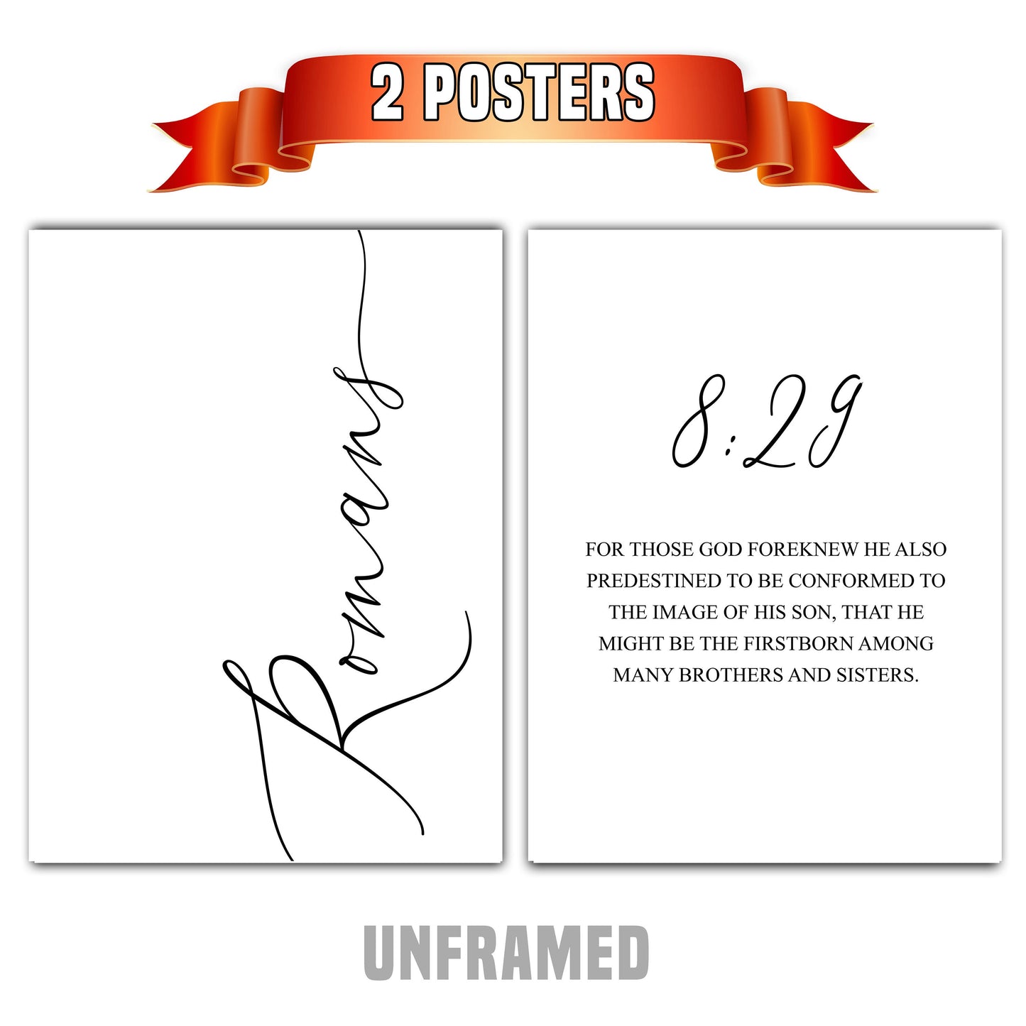Romans 8:29, Bible Verse Quote, Set of 2 Poster Prints, Home Wall Art Décor, Minimalist Prints, Multiple Sizes