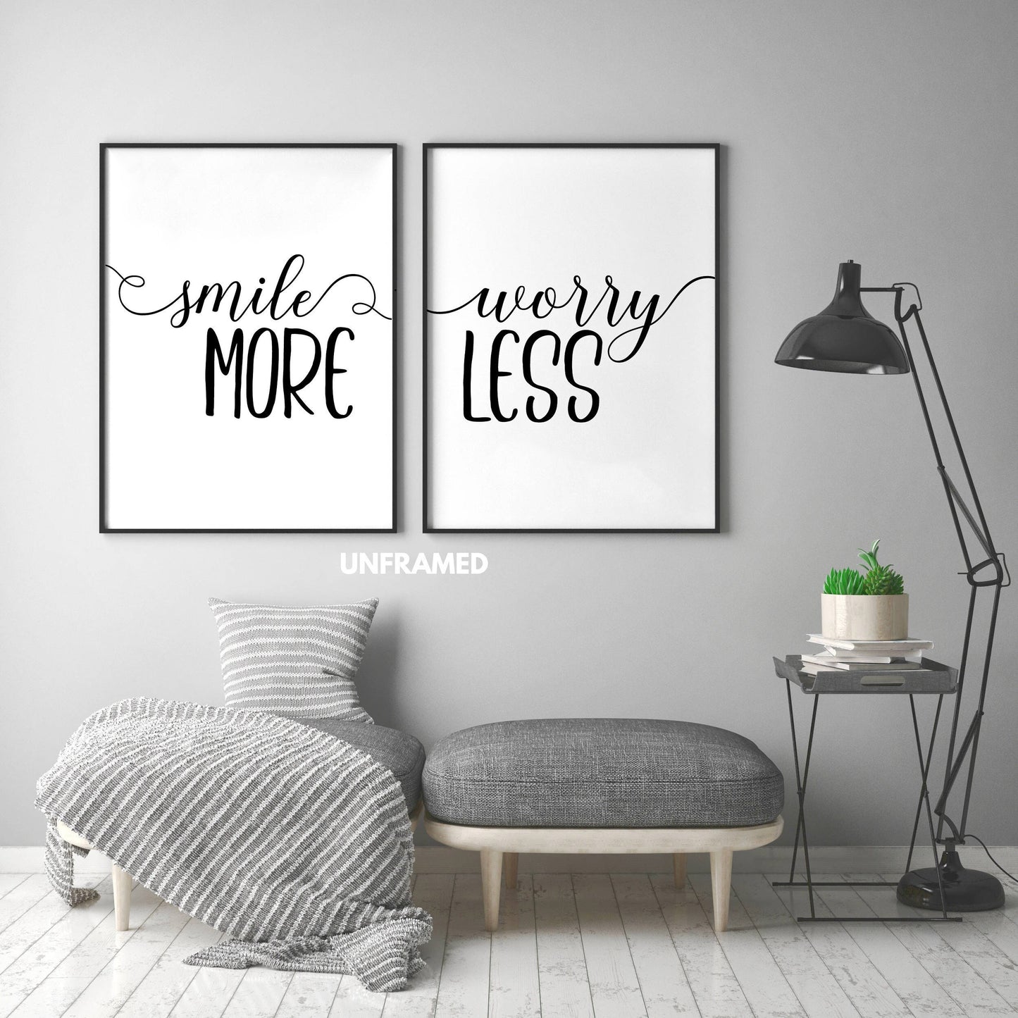 Smile More Worry Less, Set of 2 Prints, Minimalist Art, Typography Art, Wall Art, Multiple Sizes, Home Wall Art