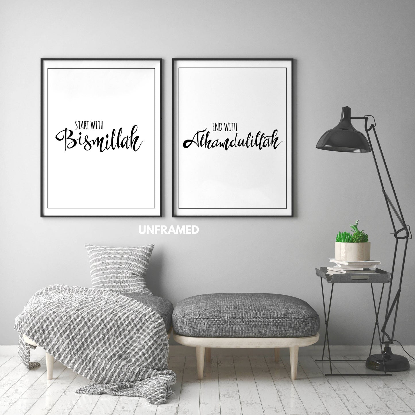 Start with BISMILLAH, End with ALHAMDULILLAH, Set of 2 Poster Prints, Wall Art Décor