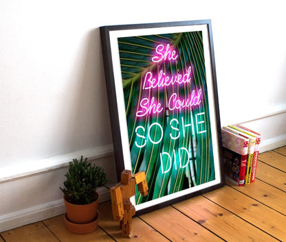 She Believed She Could, So She Did, Feminism, Woman Empowerment, Banana Leaf Design, Poster Print, Home Wall Art Décor, Multiple Sizes