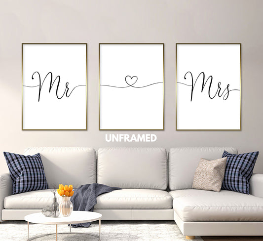 Mr. Mrs., Set of 3 Prints, Minimalist Art, Home Wall Decor, Multiple Sizes