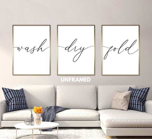 Wash Dry Fold, Set of 3 Prints, Minimalist Art, Home Wall Decor, Multiple Sizes