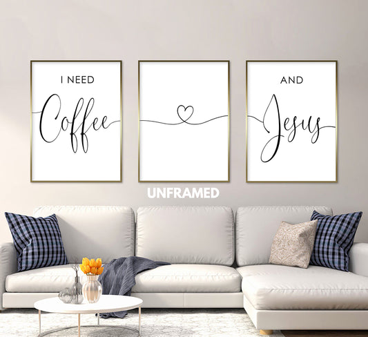 I Need Coffee and Jesus, Set of 3 Prints, Minimalist Art, Home Wall Decor, Multiple Sizes