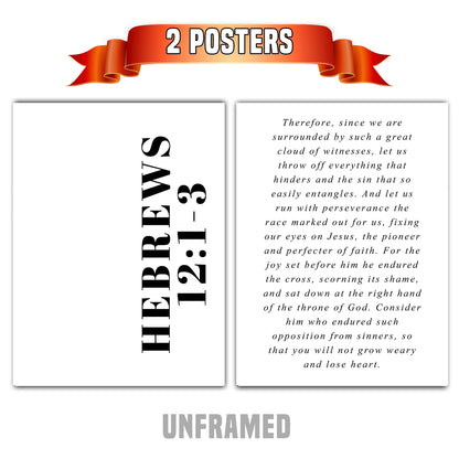 Hebrews 12:1-3, Bible Verse Quote, Set of 2 Poster Prints, Home Wall Art Décor, Multiple Sizes