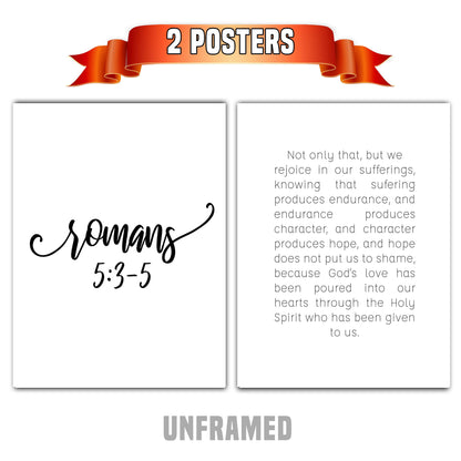 Romans 5:3-5, Bible Verse Quote, Set of 2 Poster Prints, Home Wall Art Décor, Minimalist Prints, Multiple Sizes