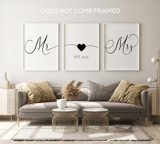 Mr and Mrs Couple, Set of 3 Poster Prints, Minimalist Art, Home Wall Decor, Custom Personalized